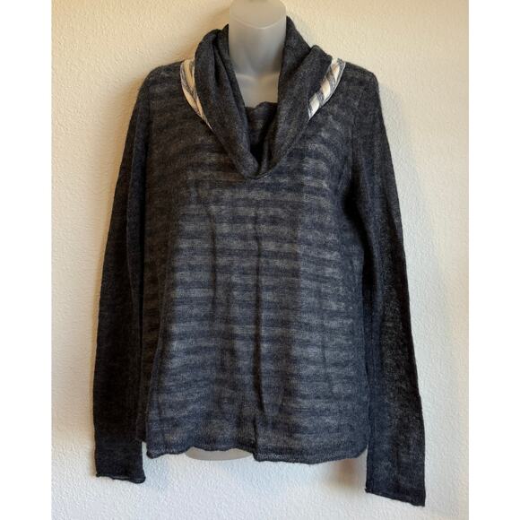 Anthro Moth Gray Cowl Neck Sheer Sleeve Striped Sweater Alpaca Wool Blend Size L - Picture 1 of 12